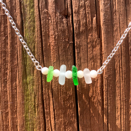 Green & White Beach Glass Necklace